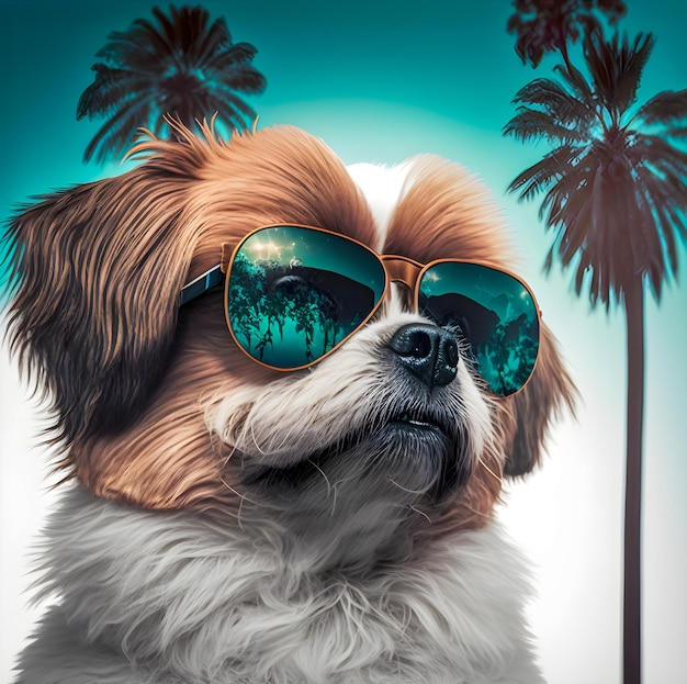 Funny Miami Style Dog whit sunglasses and palm trees illustration