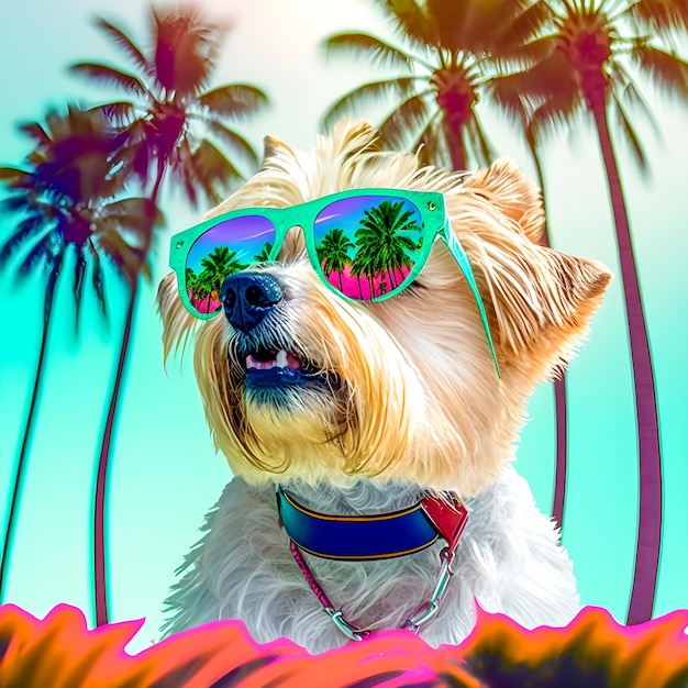 Funny Miami Style Dog whit sunglasses and palm trees illustration