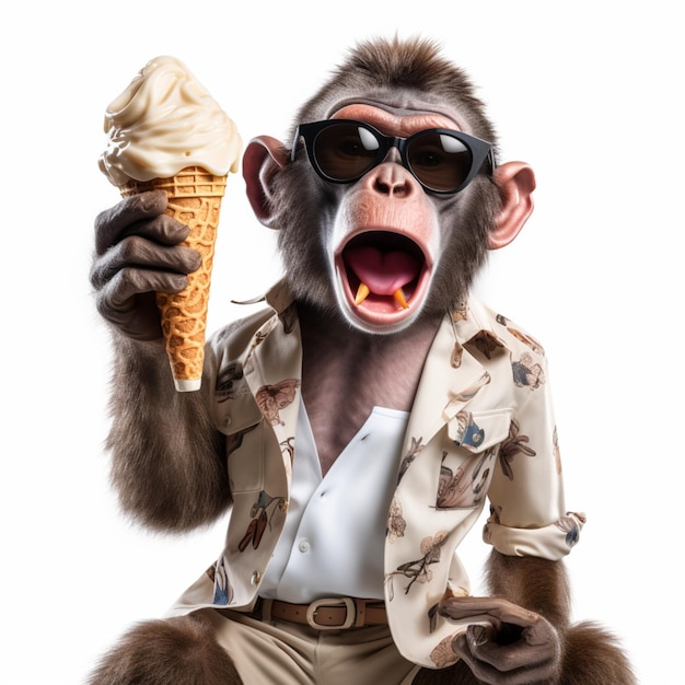 Funny Monkey with Sunglasses Licking an Ice Cream