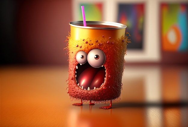 Funny monster juice Cute glass of juice character with splashing fresh beverage Generated AI