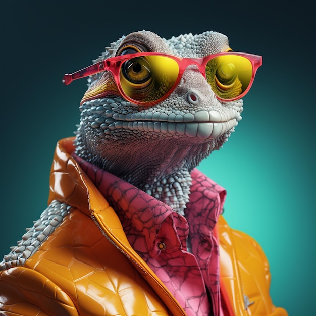 Funny monster in orange jacket and red sunglasses 3d renderingGenerative A