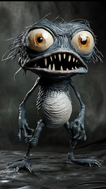 Photo funny monster with big eyes on a black background 3d rendering