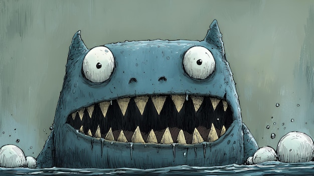 Photo funny monster with big teeth emerging from water