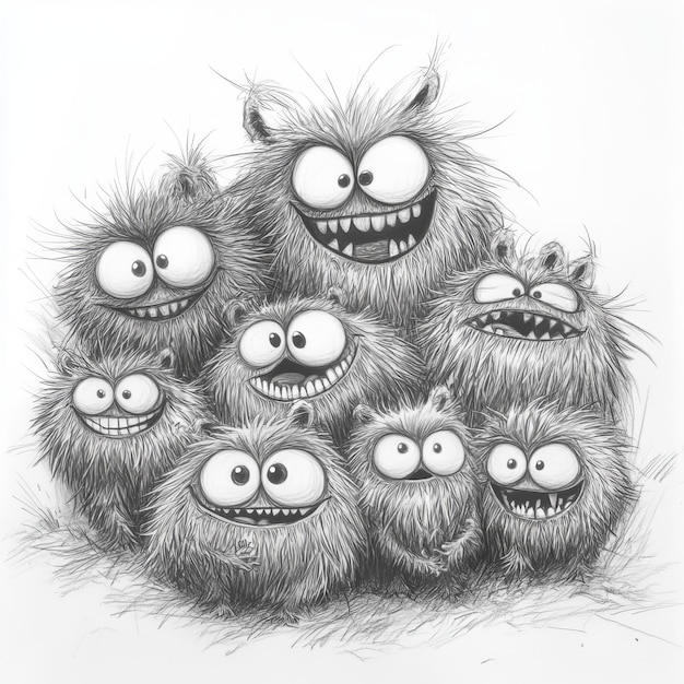 Funny monsters Black and white vector illustration for coloring book