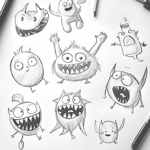 Photo funny monsters and cute alien friendly cartoon characters drawing on white paper