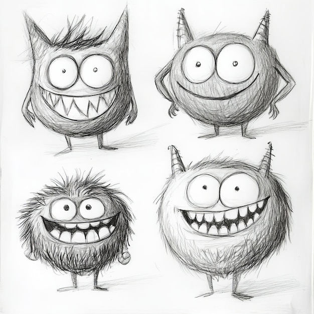 Photo funny monsters on a white background drawing by hand sketch