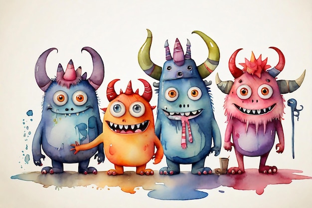 Photo funny monsters with horns watercolor illustration fantasy characters