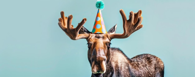 A funny moose with a polkadot birthday party hat set against a light blue background looking