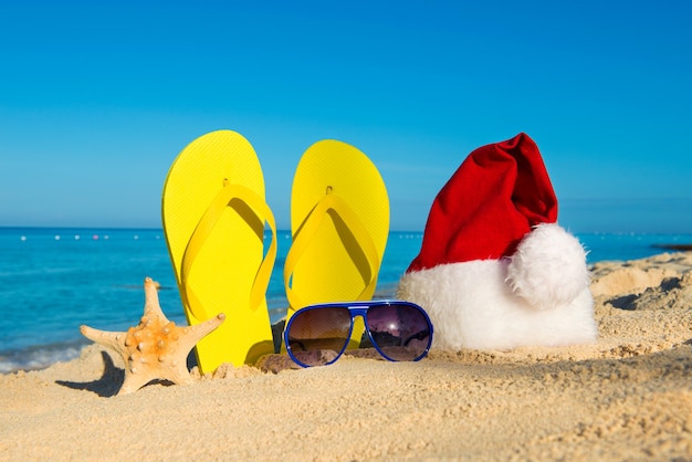 Funny New Year holidays at the sea. Christmas Travel in tropical countries