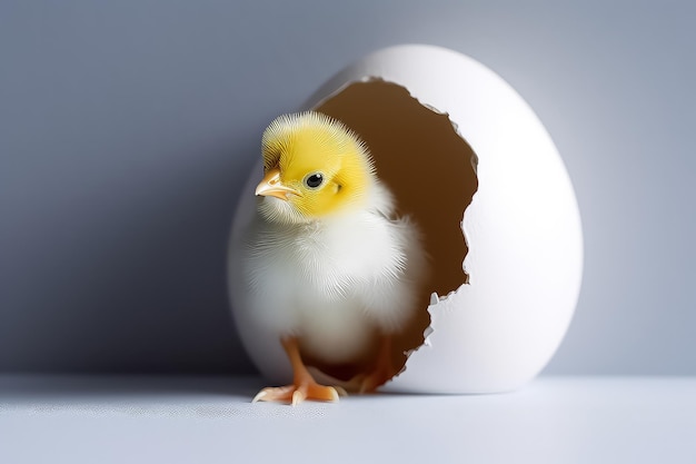 Funny newborn chick with broken eggshell just born