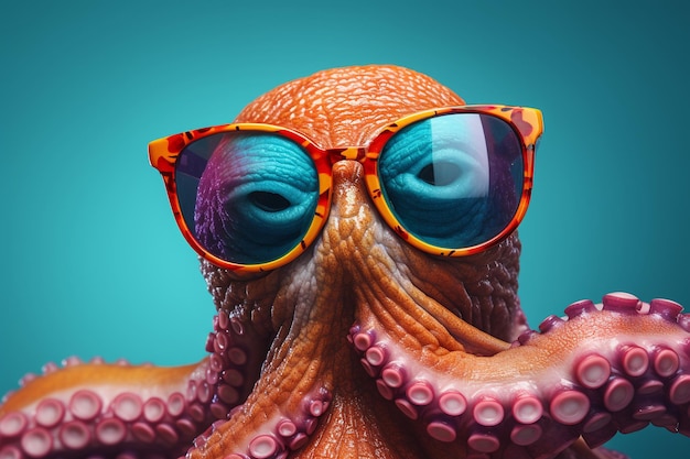 Funny Octopus Wearing Sunglasses in Colorful Studio