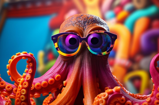 Funny Octopus Wearing Sunglasses in Colorful Studio