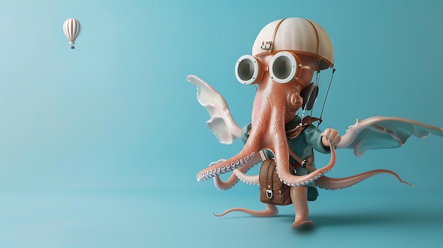 Photo funny octopus with goggles and wings flying in hot air balloon