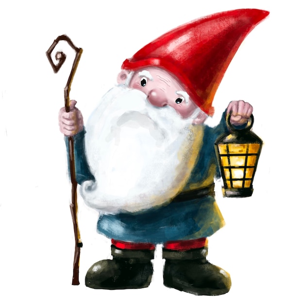 Funny old gnome with vintage flashlight hand drawn illustration watercolor clipart