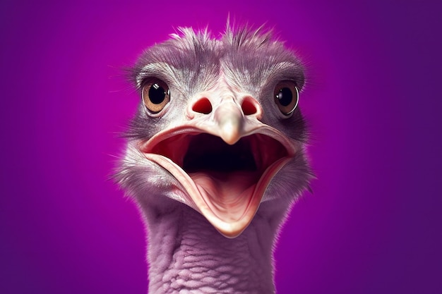 Funny ostrich on purple background Closeup portrait