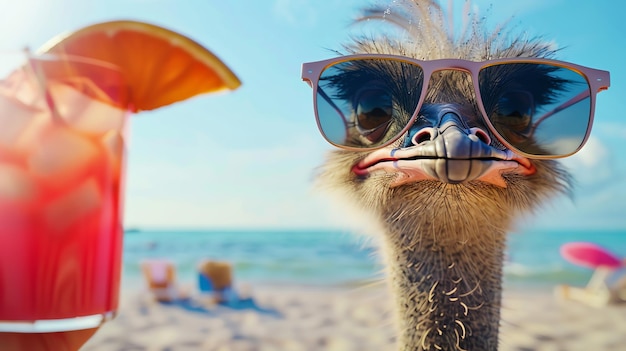 A funny ostrich with sunglasses and a drink on the beach