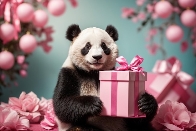 Funny panda holds in his paws a pink gift box with a bow