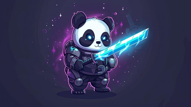 Photo funny panda in space warrior clothes and with a glowing sword cute pet for background poster print design card banner flyer