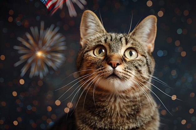 Photo funny patriotic cat in hat with american flag and fireworks on background 4 july independence day celebration