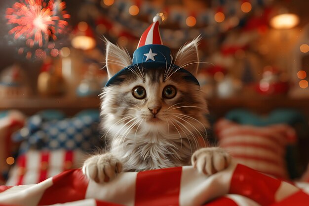 Photo funny patriotic cat in hat with american flag and fireworks on background 4 july independence day celebration