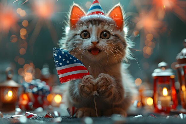 Funny patriotic cat in hat with American flag and fireworks on background 4 July Independence Day celebration