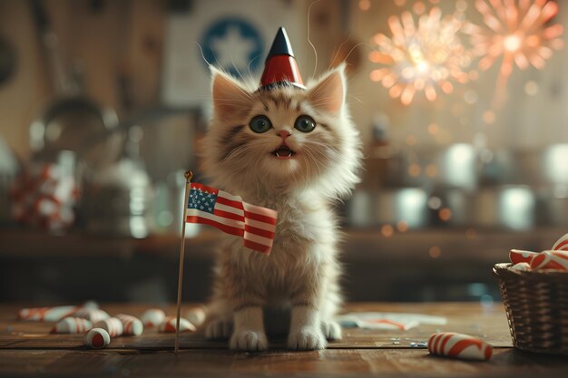 Funny patriotic cat in hat with American flag and fireworks on background 4 July Independence Day celebration