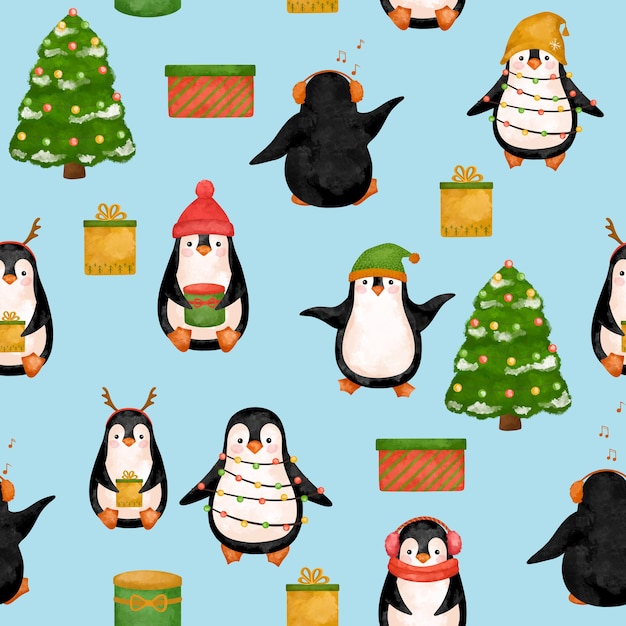 Funny Penguins digital paper, Christmas Penguins pattern.