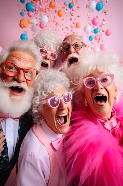 Funny pensioners from a party at a special event Elderly people celebrating life concept Generative AI