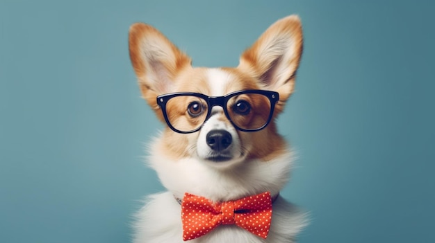 A funny photo of a corgi wearing a bow tie and glasses giving a wise and intellectual expression th