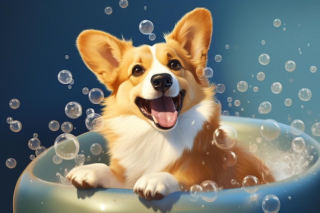 A funny picture of a welsh corgi puppy dog taking a bath with soap bubbles Pet Animal Illustration Generative AI