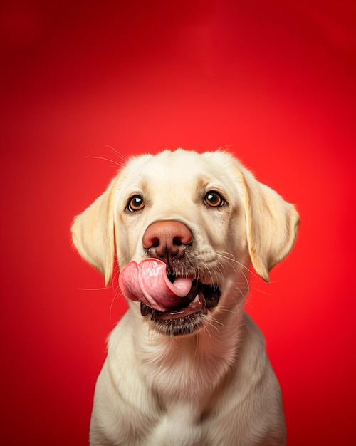 Funny portrait hungry labrador retriever puppy licking his lips jn a red background