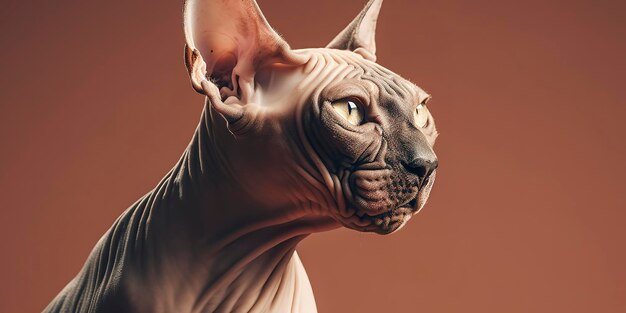 Funny portrait sphynx cat tilting head side Isolated on beige brown background