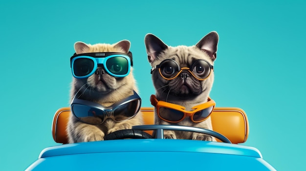 Funny pug dog and cat with sunglasses in toy car on light blue background