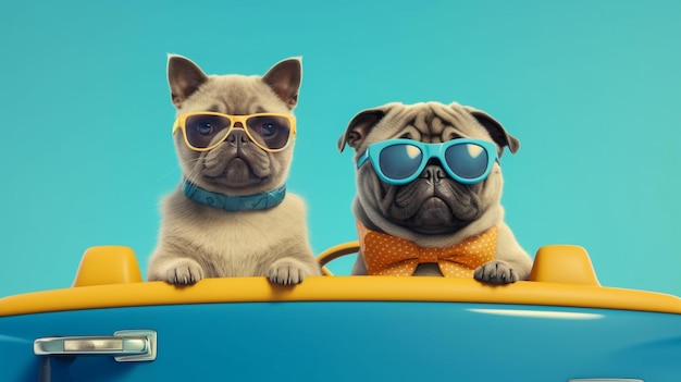 Funny pug dog and cat with sunglasses in toy car on light blue background