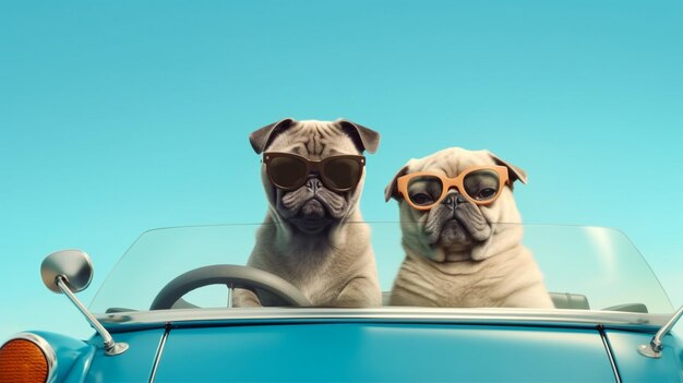 Funny pug dog with sunglasses in toy car on enjoying