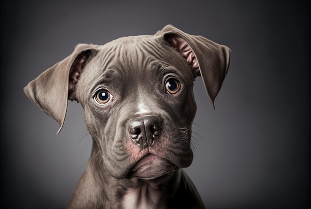 Funny puppy dog portrait on gray backdrop with focused face expression