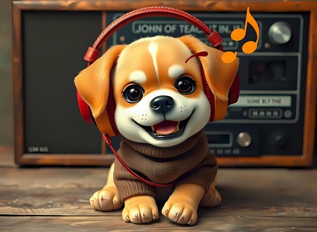 Photo funny puppy in headphones listening to music with a smile