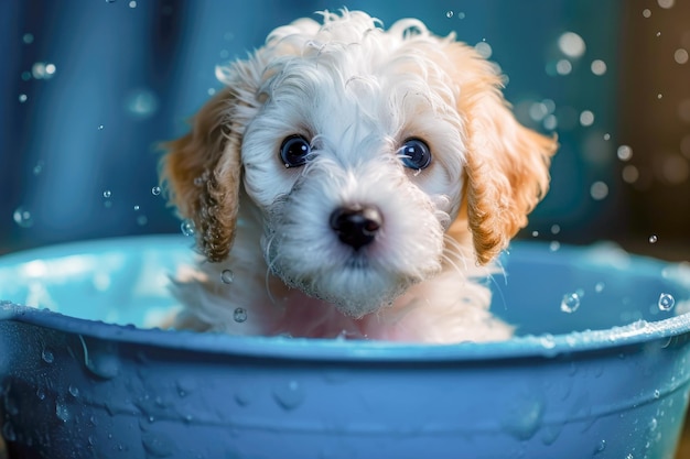 Funny puppy sitting in bathtub waiting for grooming banner for pet shop grooming salon generative ai