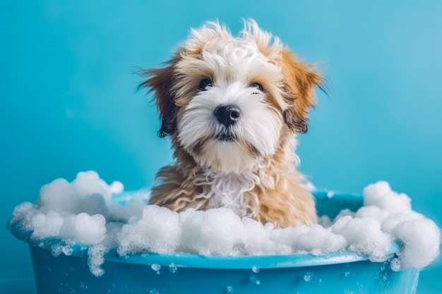 Funny puppy sitting in bathtub waiting for grooming Banner for pet shop grooming salon Generative AI