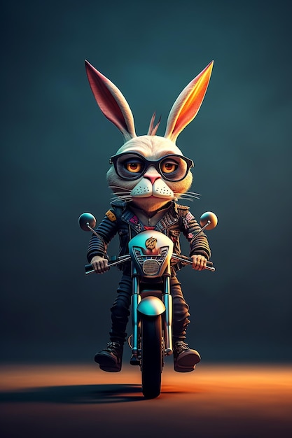 Photo funny rabbit character riding motorcycle dark colors