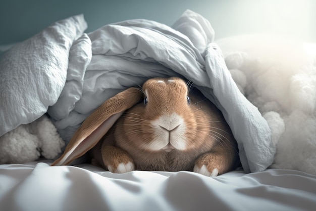 The funny rabbit sleeps in bed on a white blanket Surprise for Easter