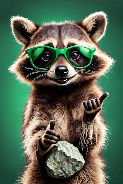 Funny raccoon in green sunglasses showing a rock gesture isolated on white background