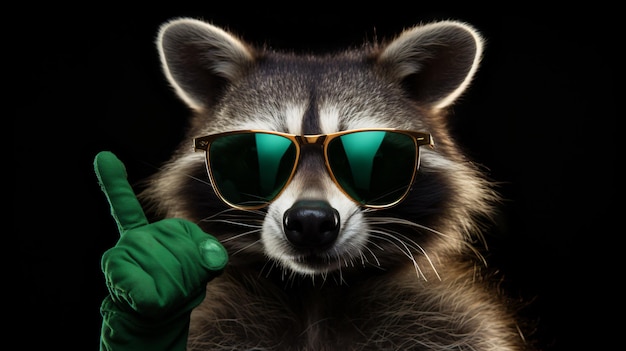 Funny raccoon in green sunglasses showing a rock