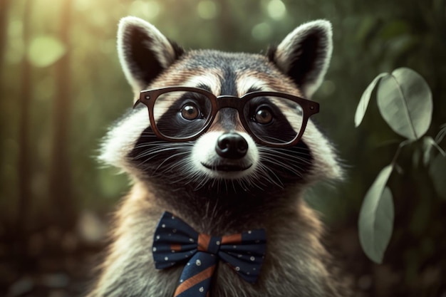 Funny raccoon wearing pair of oversized glasses and bowtie posing for camera