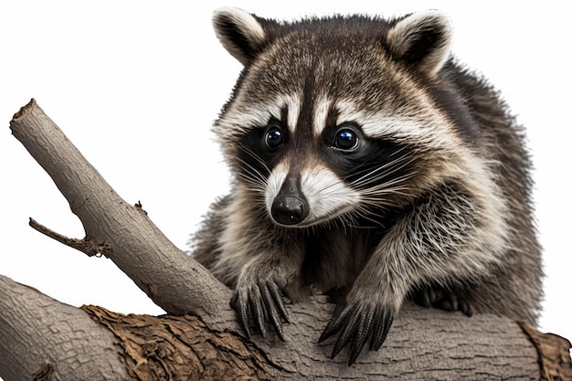 Funny raccoon with cheeky expression on tree branch