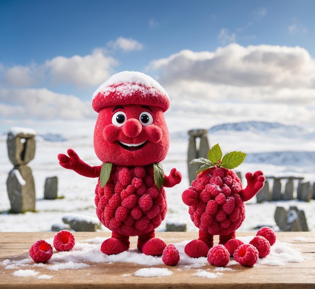 Funny raspberry mascot character with raspberries on a wooden table and stonehenge background