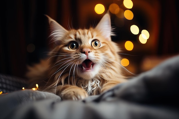 Funny red cat near the Christmas fireplace Kitten looking at the camera in surprise