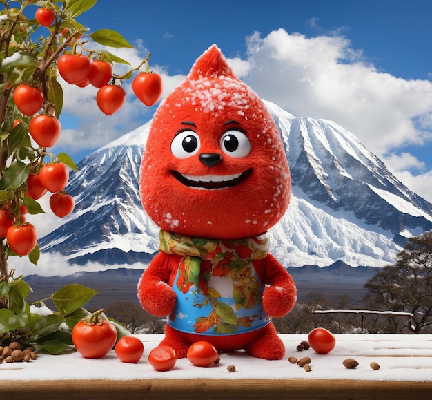 Funny red tomato mascot character on the background of Mt Cook New Zealand