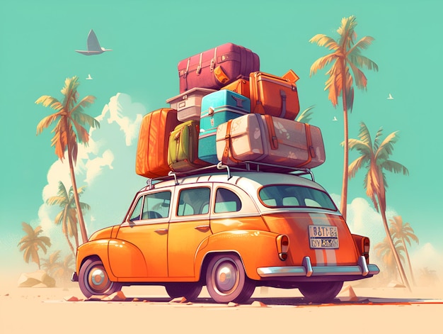 Funny retro car with suitcases and palms Unusual summer travel illustration Summer vacation concept Generative AI