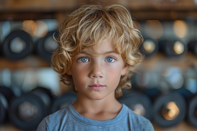 funny and ridiculous child shows his biceps gym blurred background